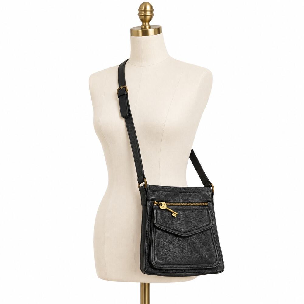 Fossil 75082 Leather Cargo Organizer Crossbody Bag Black Vintage Y2K